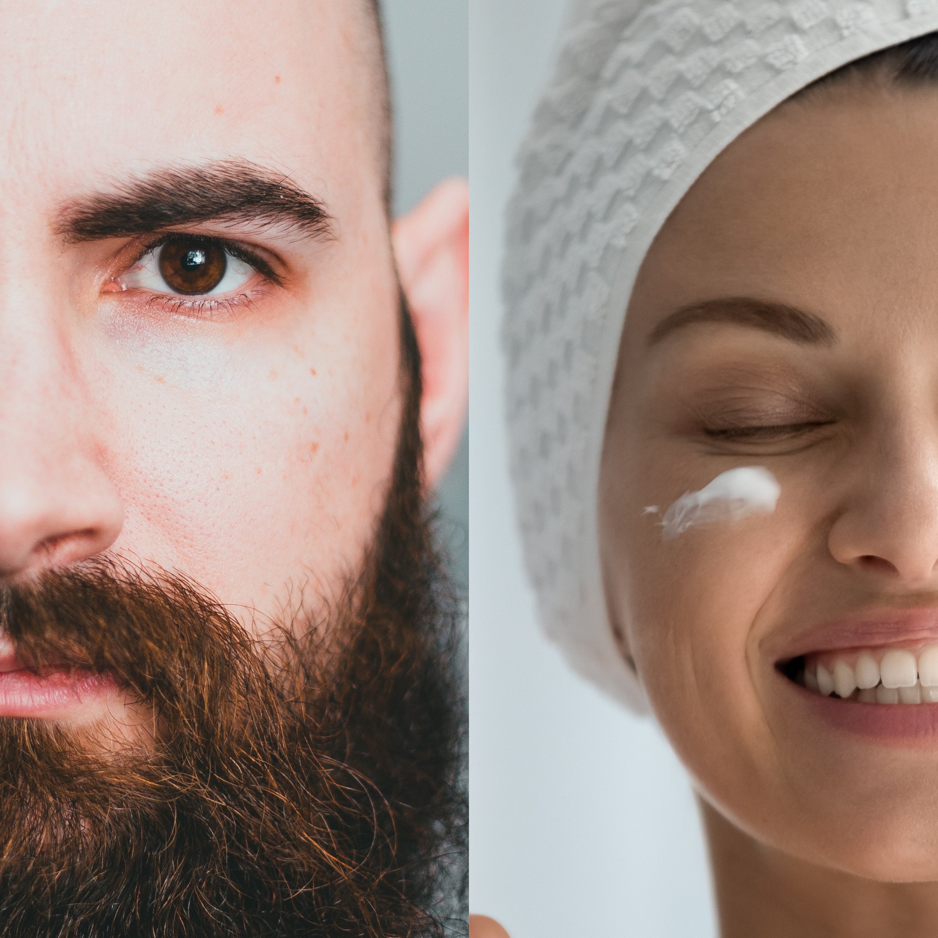 Comparison photo of a man with a beard and a woman using face lotion. Better breathing mouth tape can be used for both types of customers.